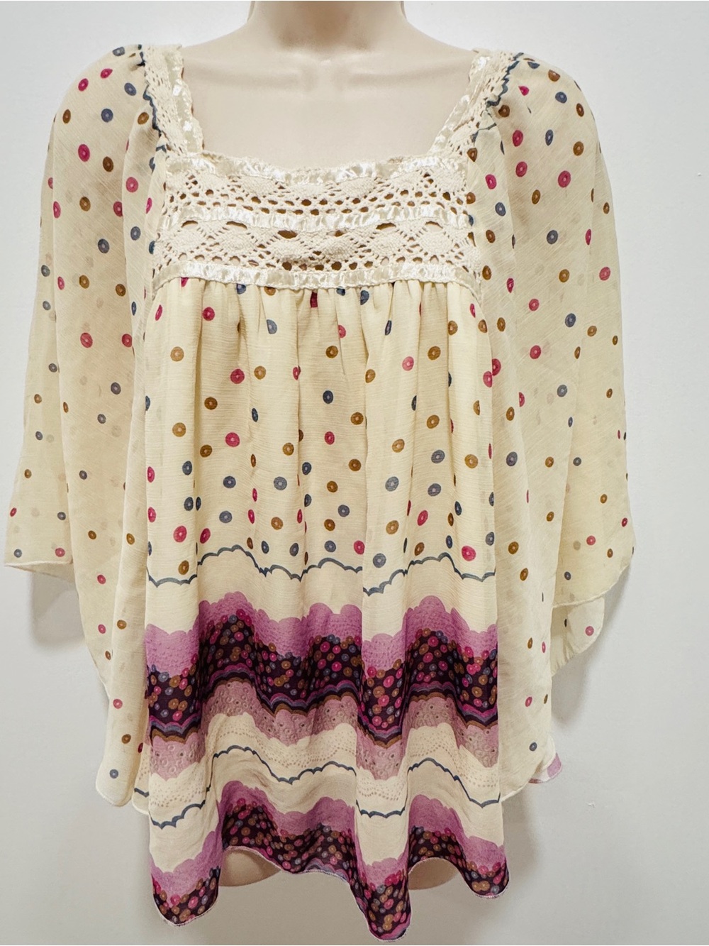 Cream Polka Dot Crochet-Yoke Peasant Blouse with Pink Accent